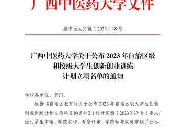广西中医药大学关于公布2023年自治区级和校级大学生创新创业训练计划立项名单